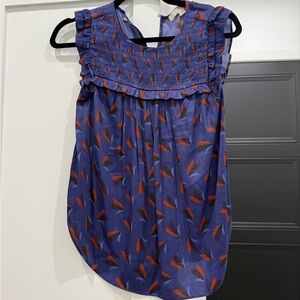 LOFT Ruffled Sleeveless Blouse in Blue and Red